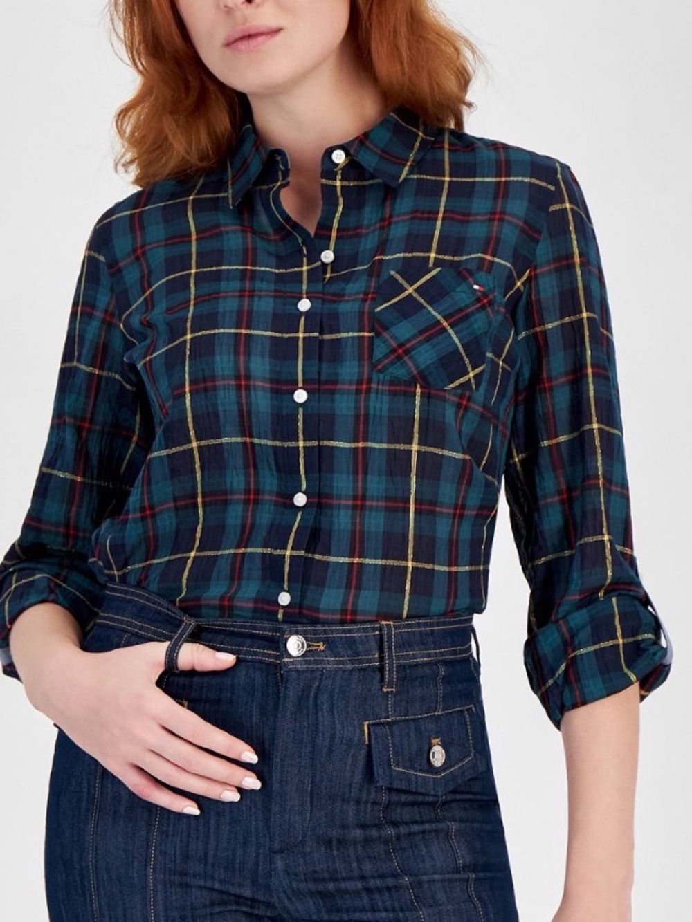 Tommy Hilfiger Green and Navy Plaid Button-Down Long Sleeve Shirt Large